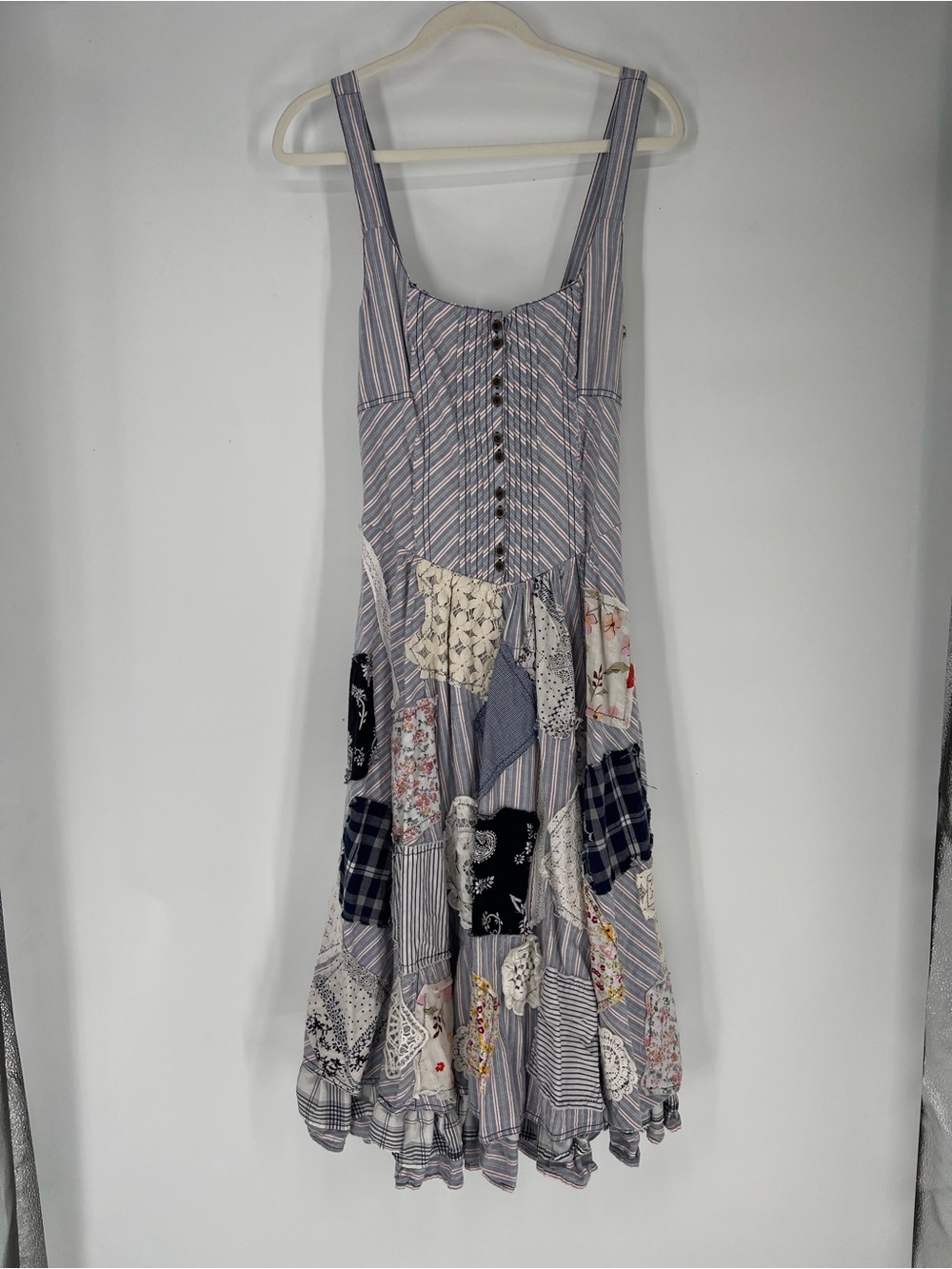 Pilcro Patchwork Upcycled Striped Sleeveless Ruffle Bohemian Prairie Midi Dress
